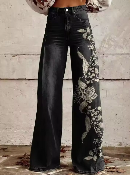 ECSLISSI | Vintage Svarta Blommor Chic Byxor