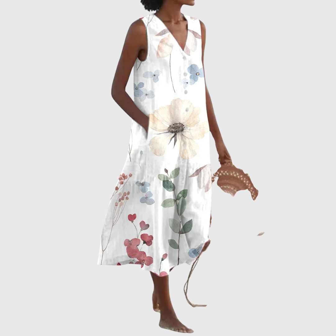 Cavell™ – Somrig Ärmös Klänning med Blommönster